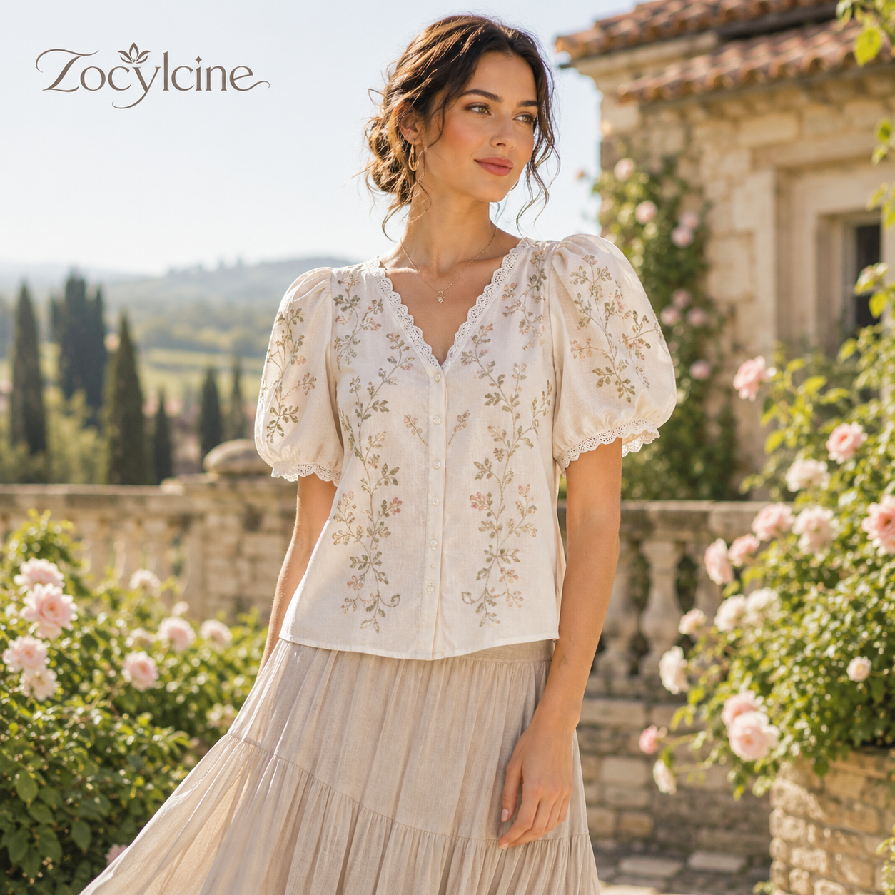 Zocylcine™ Willow Poetry Embroidered Puff-Sleeve Blouse